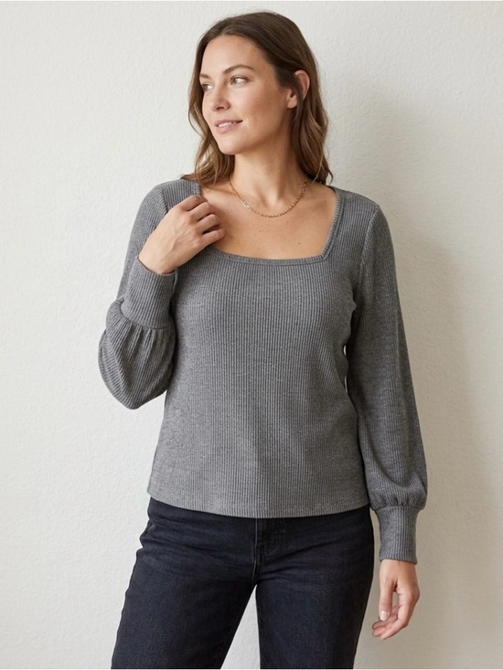 a.n.a Tops - a.n.a Ribbed Square Neck Puff Sleeve Long Sleeve Top-Grey Women’s Size Large EUC